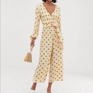 ASOS DESIGN wrap tie belted cropped jumpsuit yellow polka dot dots V neck sz 0